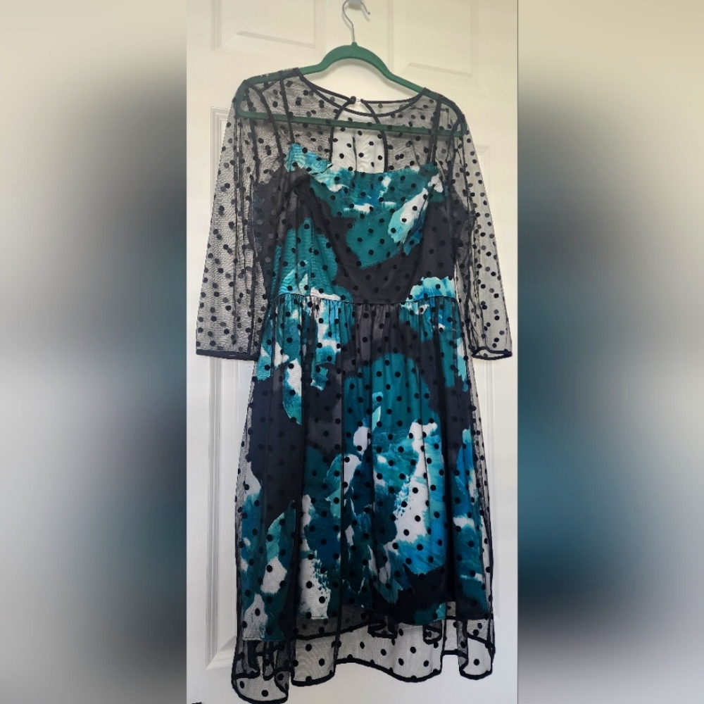 Eliza J Polka Dot Overlay Dress with Sleeves and pockets